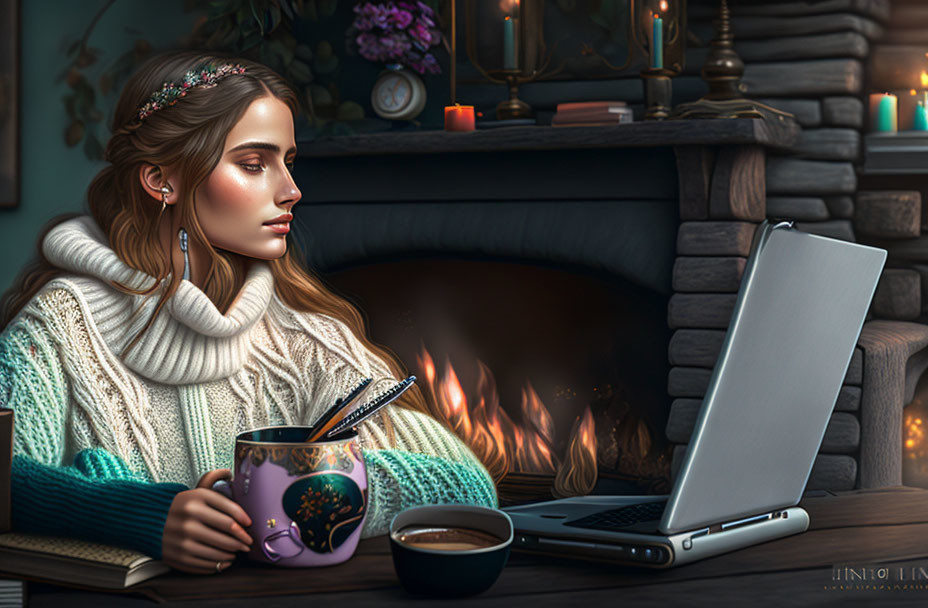 Woman in floral headband and white sweater by fireplace with laptop and mug