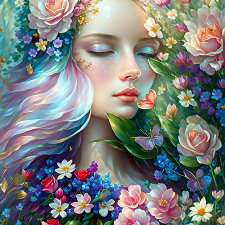 Ethereal portrait of woman with pastel hair, surrounded by flowers and butterflies