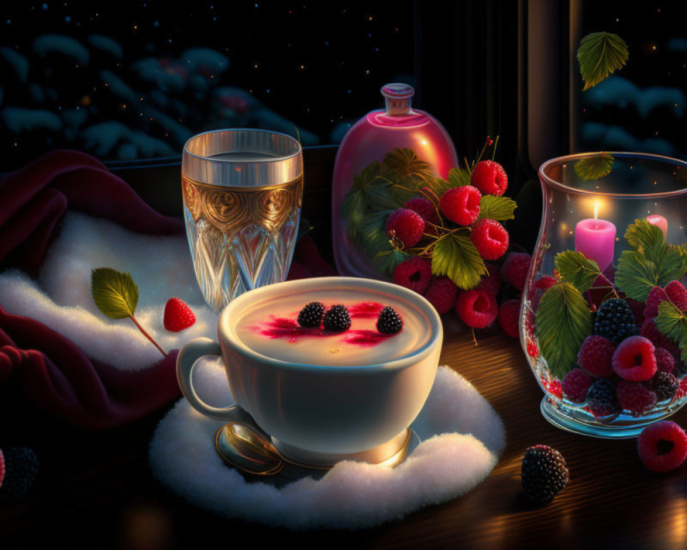 Cozy evening scene with berry tea, fresh berries, lit candle, crystal glass, and starry