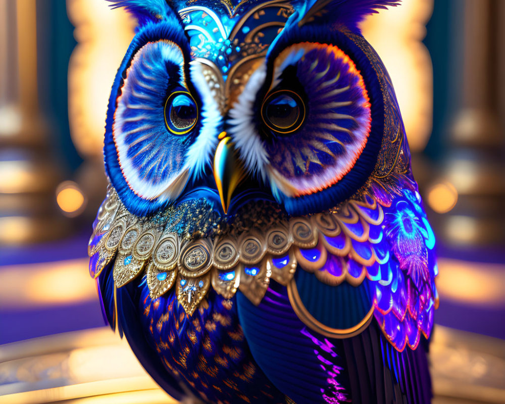 Colorful Mechanical Owl in Luxurious Room with Gold Accents