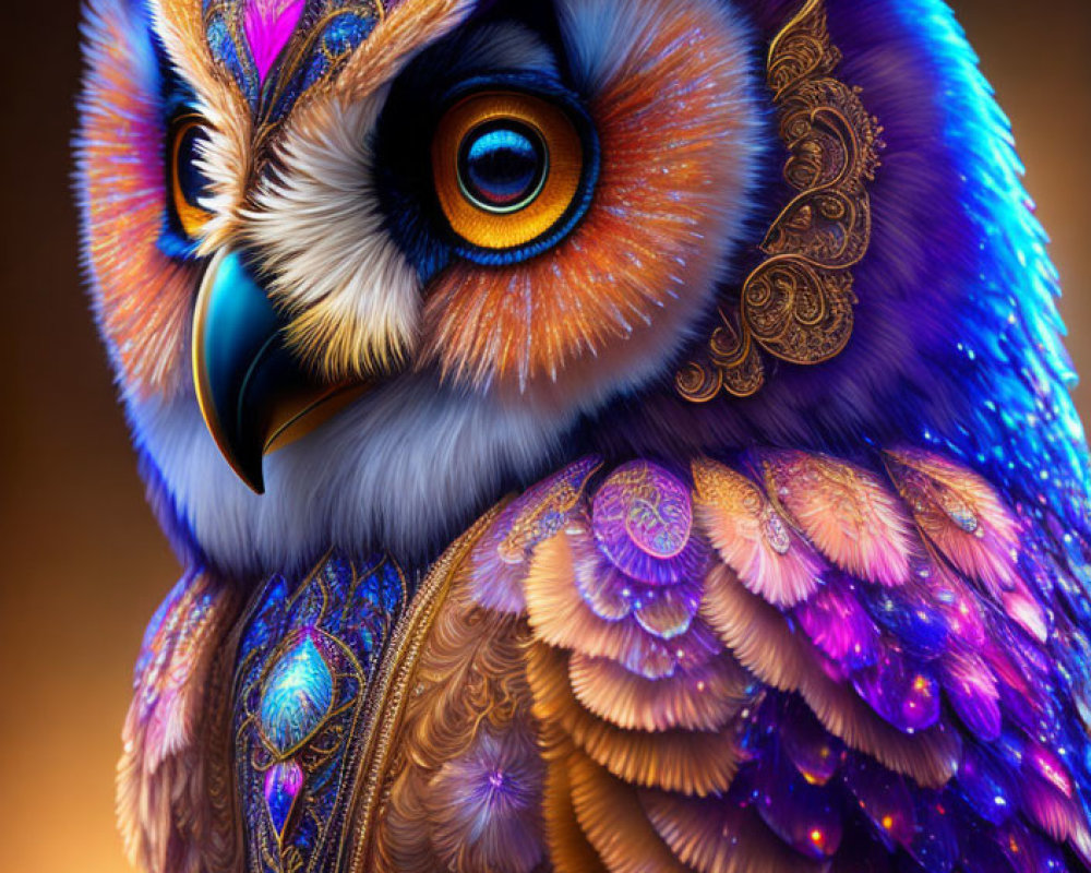 Colorful digital artwork: Owl with intricate blue, orange, and purple patterns