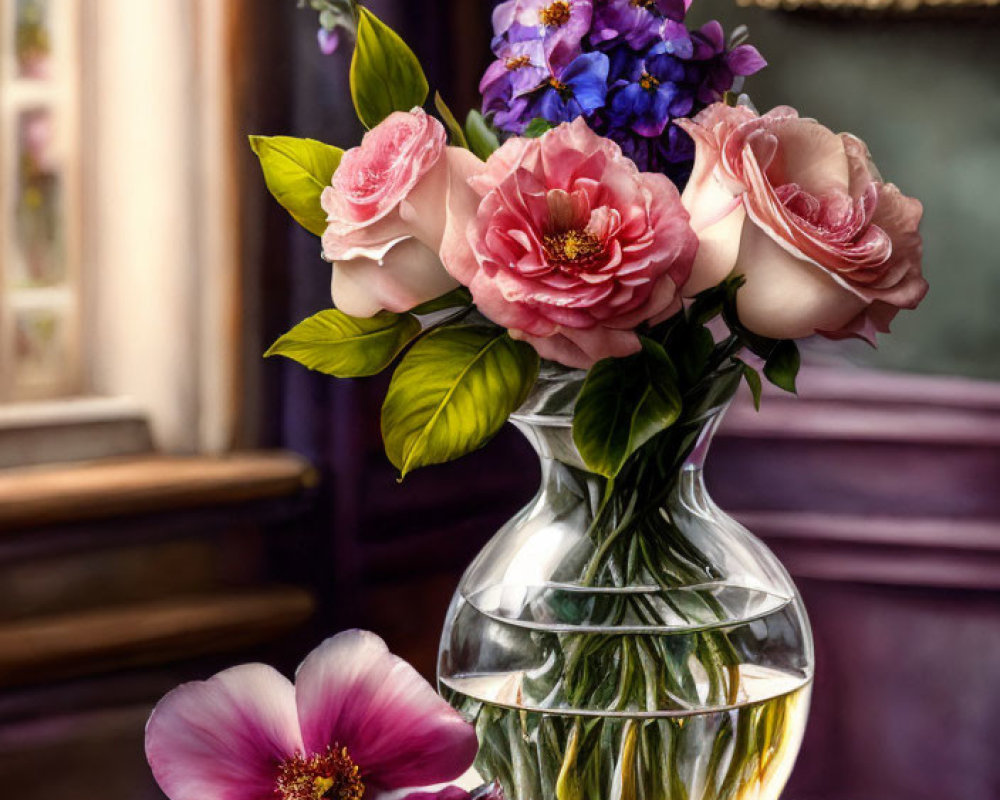Colorful Flower Arrangement in Glass Vase with Pink Roses and Purple Blooms