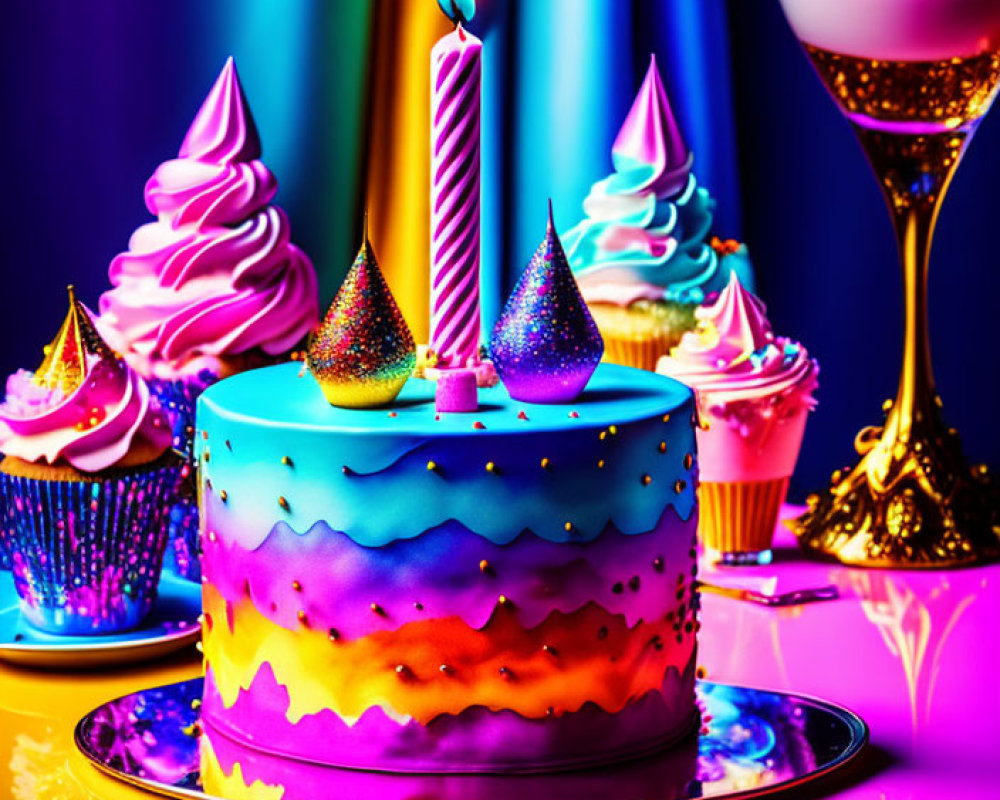 Colorful Birthday Cake with Candle, Cupcakes, and Champagne Glass on Vibrant Background