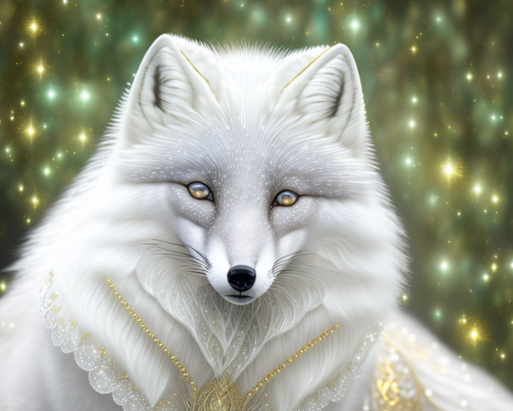 White Fox with Golden Neck Adornments on Starry Background