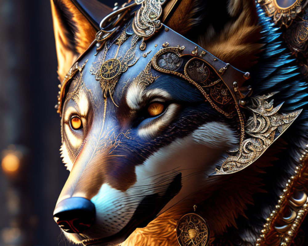Detailed digital artwork: Wolf head in ornate metal armor with glowing, jewel-like elements on dark bo