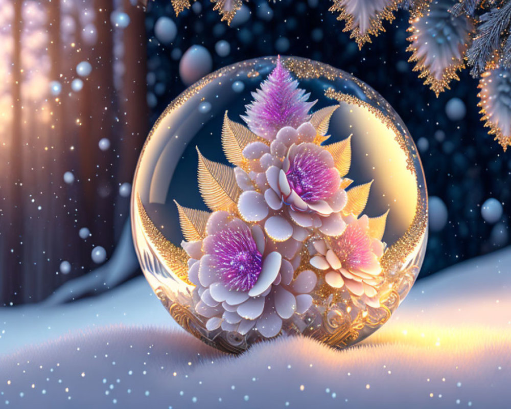 Translucent sphere with pink flowers and golden filigree on snowy backdrop