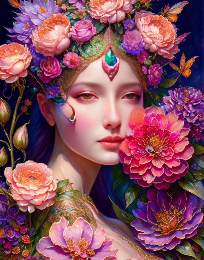 Digital Artwork: Woman with Floral Crown, Flowers, and Butterflies