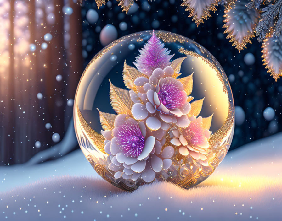 Translucent sphere with pink flowers and golden filigree on snowy backdrop