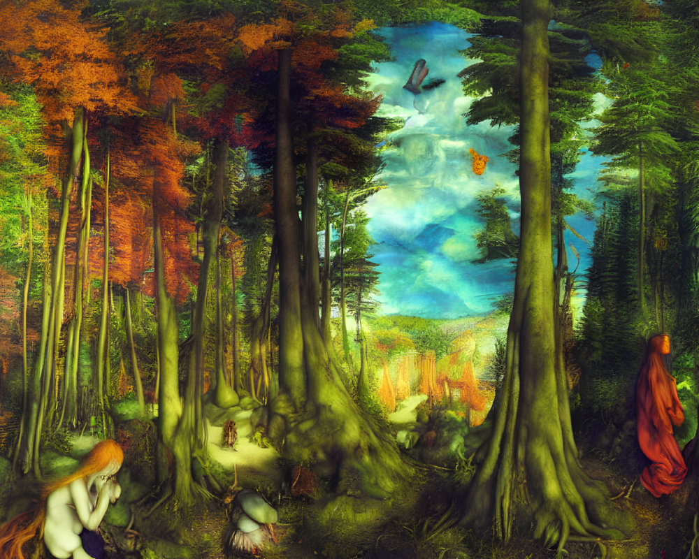 Surreal forest scene with human-like figures and vibrant foliage