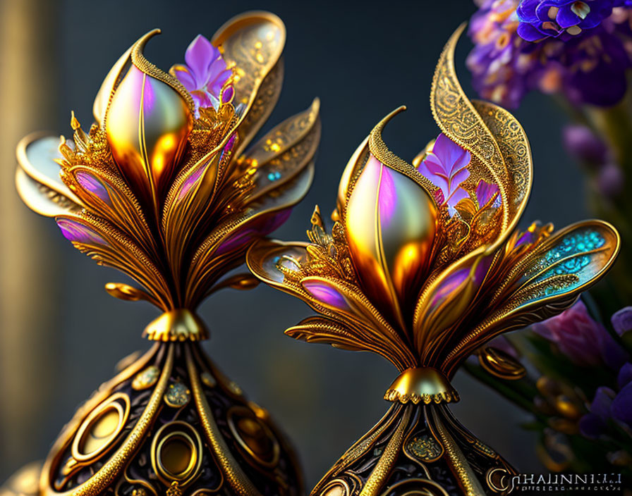 Colorful Metallic Floral Sculptures with Ornate Designs