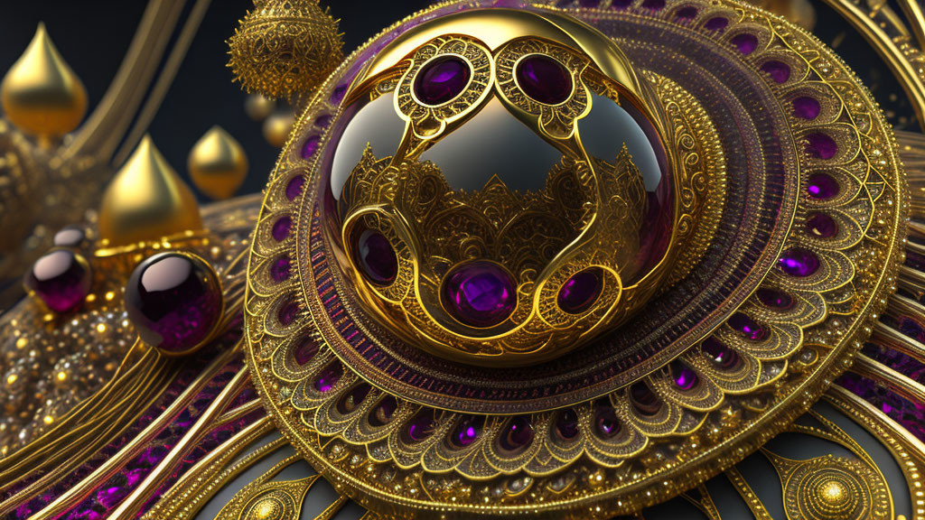 Detailed 3D Rendering of Ornate Golden Sphere with Purple Gems on Intricate Golden Background