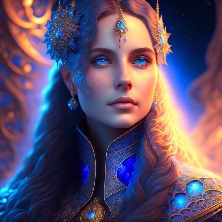 Elaborate gold headdress and glowing eyes fantasy portrait