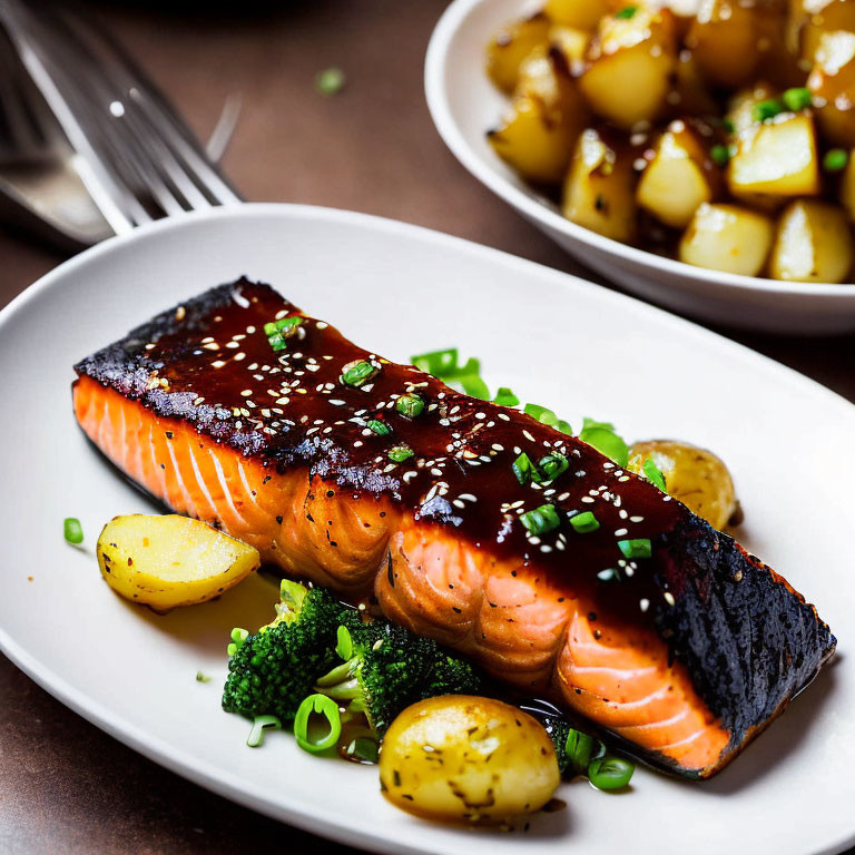 Sesame-Glazed Salmon Fillet with Roasted Potatoes and Broccoli
