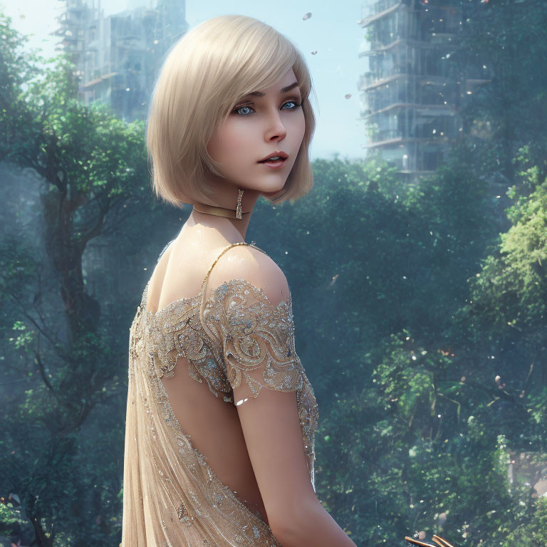 Digital portrait of woman with bob haircut in gold dress against lush greenery and high-rise buildings