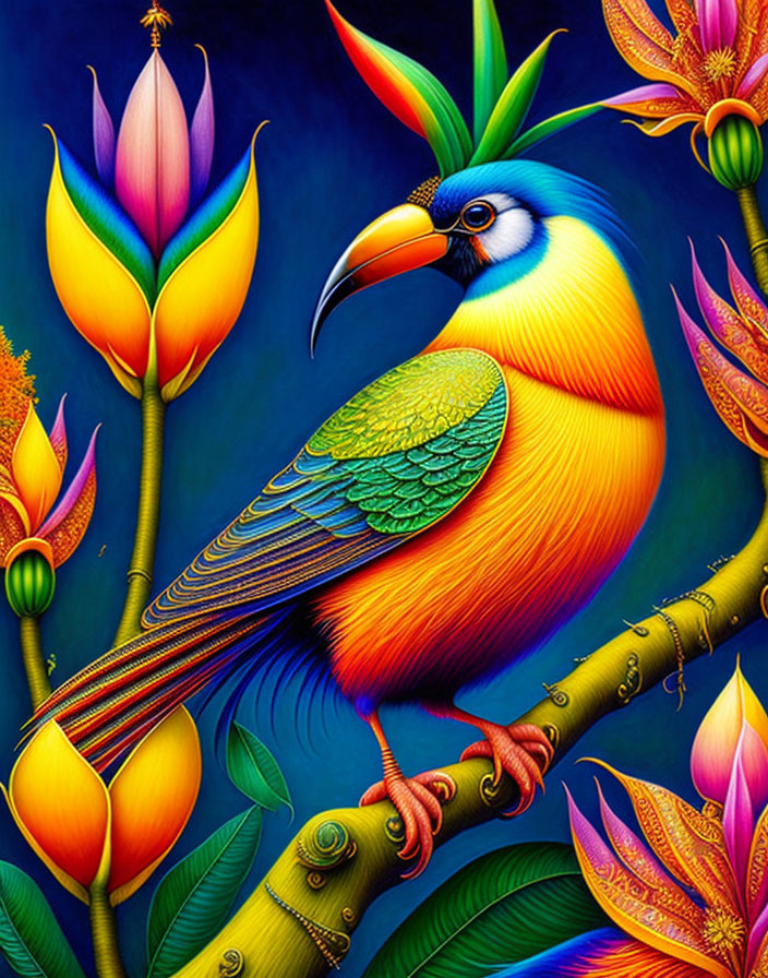 Colorful Bird Illustration with Elaborate Plumage & Exotic Flowers