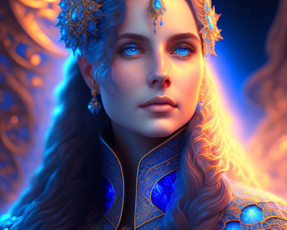 Elaborate gold headdress and glowing eyes fantasy portrait
