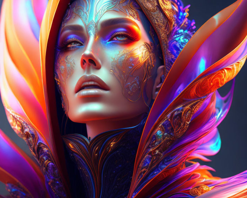 Elaborate Orange and Blue Headgear on Woman in Digital Art