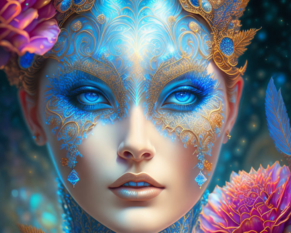 Ornate blue and gold facial designs on woman in digital artwork