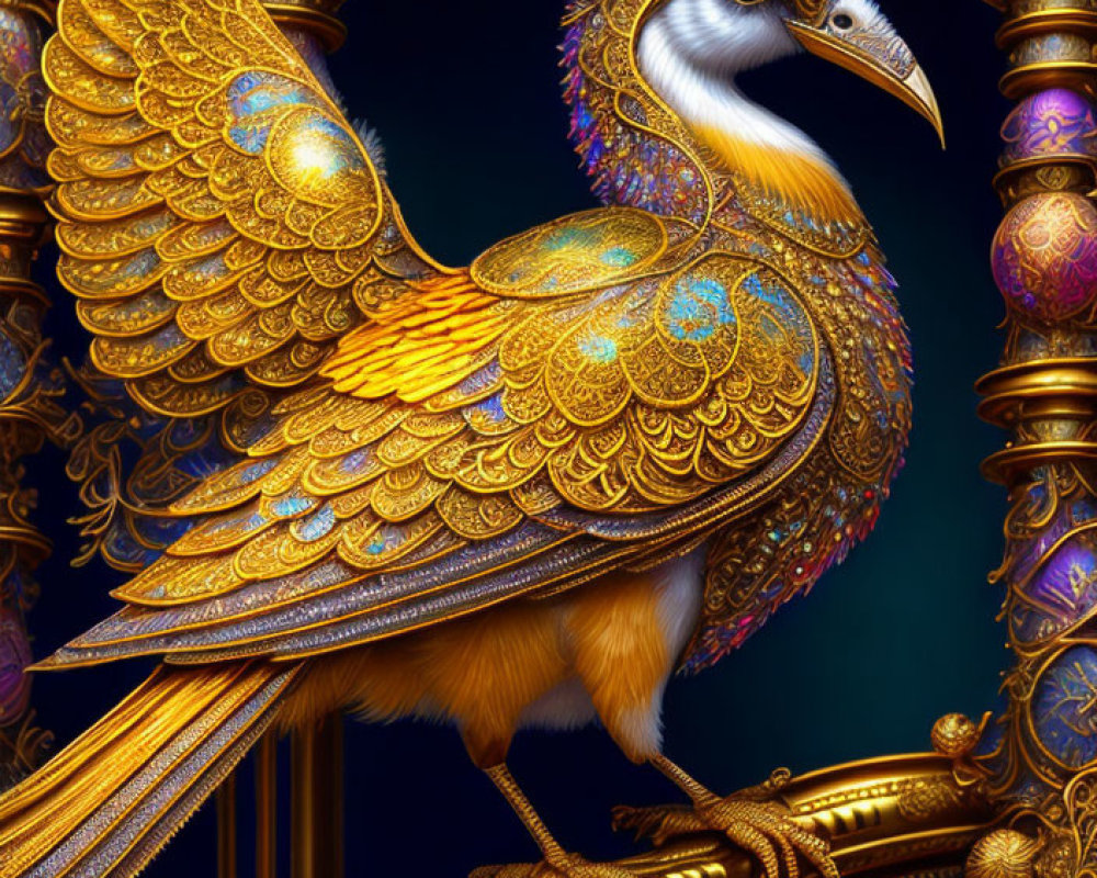 Colorful Digital Artwork: Ornate Bird with Golden & Turquoise Plumage