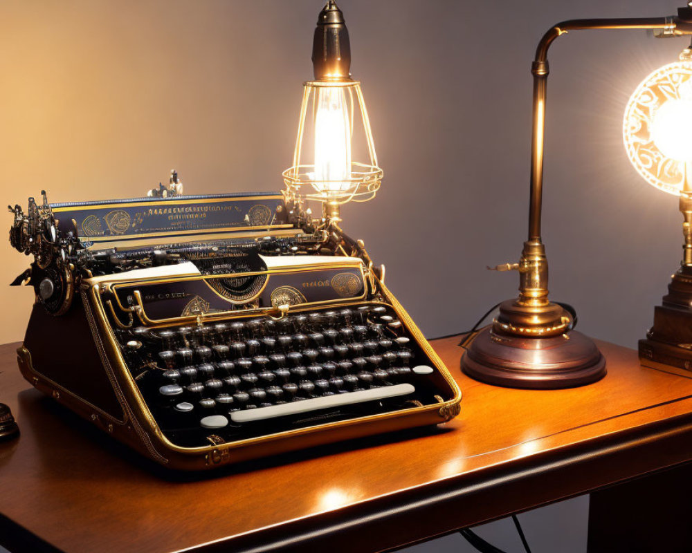 Vintage Black and Gold Typewriter on Desk with Classic Desk Lamps