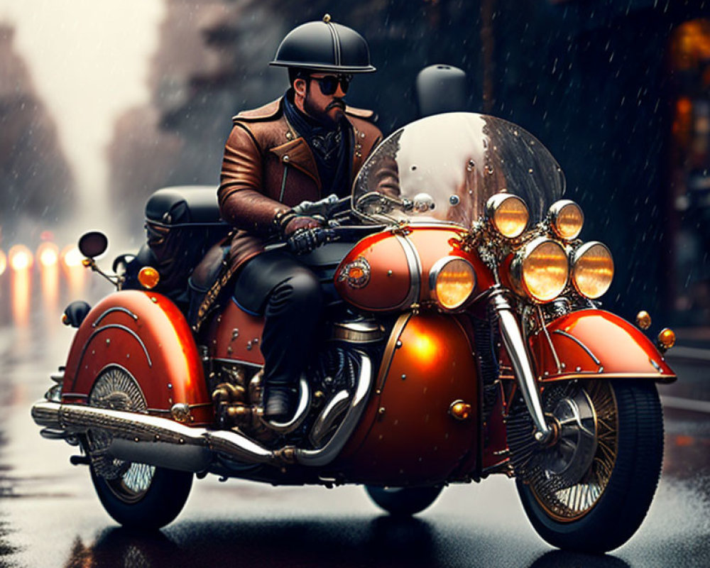 Man in leather jacket rides classic motorcycle in rainy city street