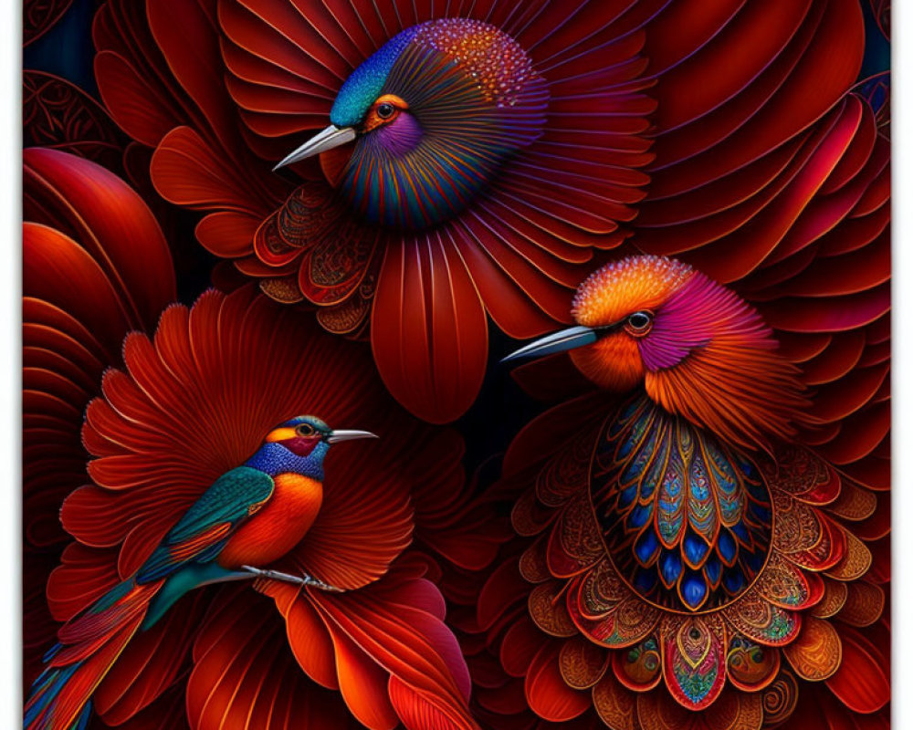 Detailed Stylized Birds Artwork in Deep Reds, Oranges, and Blues