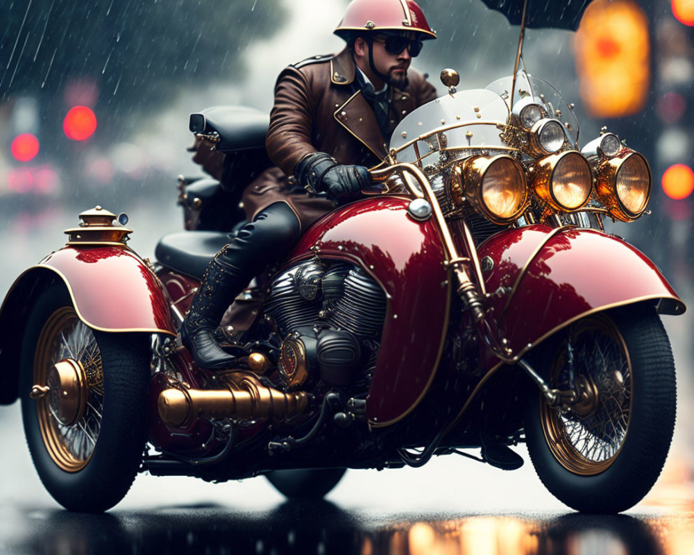 Vintage attire person riding classic sidecar motorcycle in rain