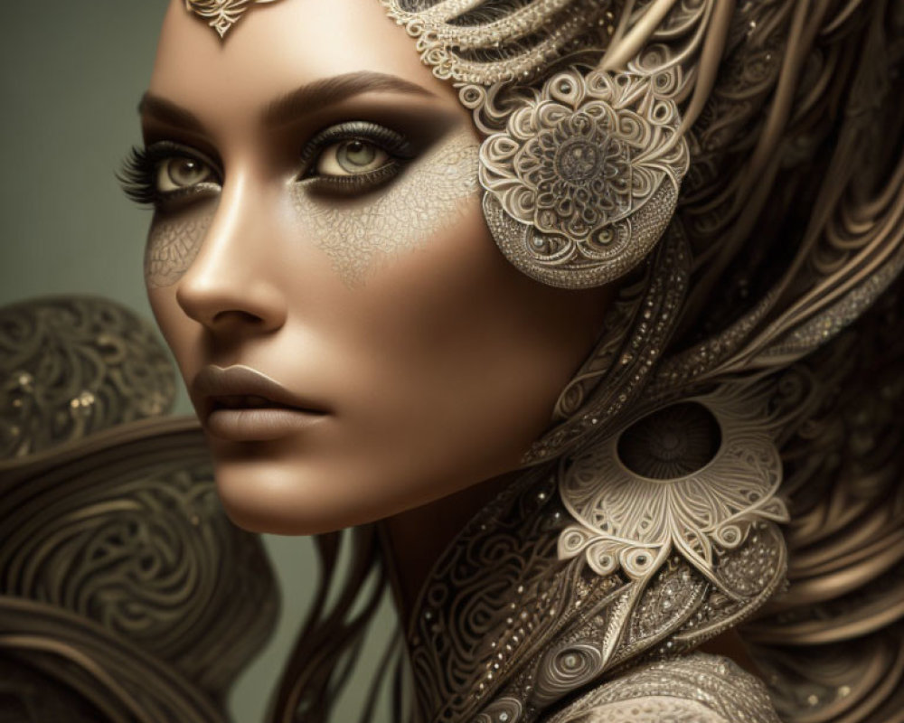 Detailed ornate headdress on woman with striking gaze and flawless makeup