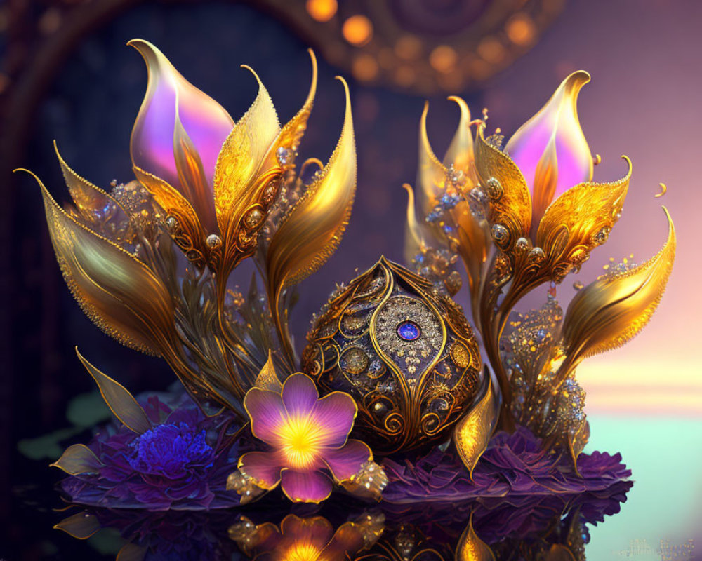 Golden Egg with Sapphire, Gold Leaves, and Purple Flowers