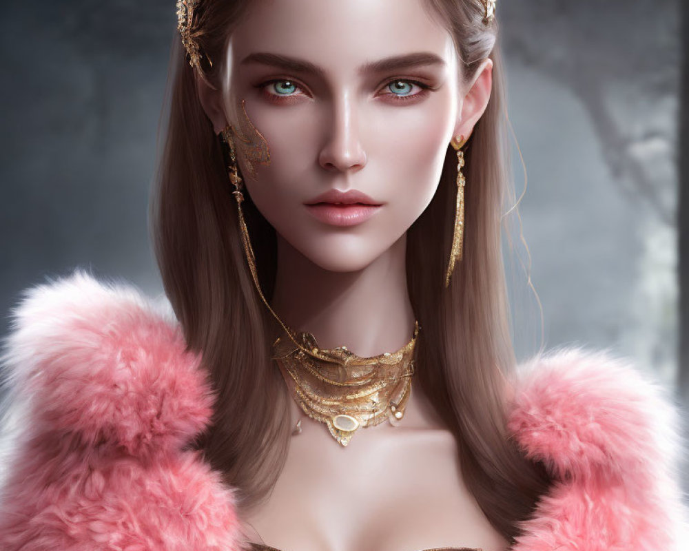 Portrait of Woman with Green Eyes and Golden Accessories in Pink Fur Coat
