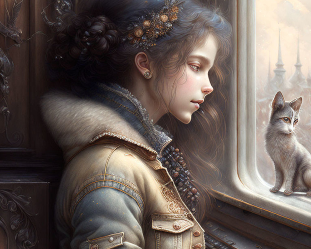Young woman with braided hair and fox in detailed fantasy setting