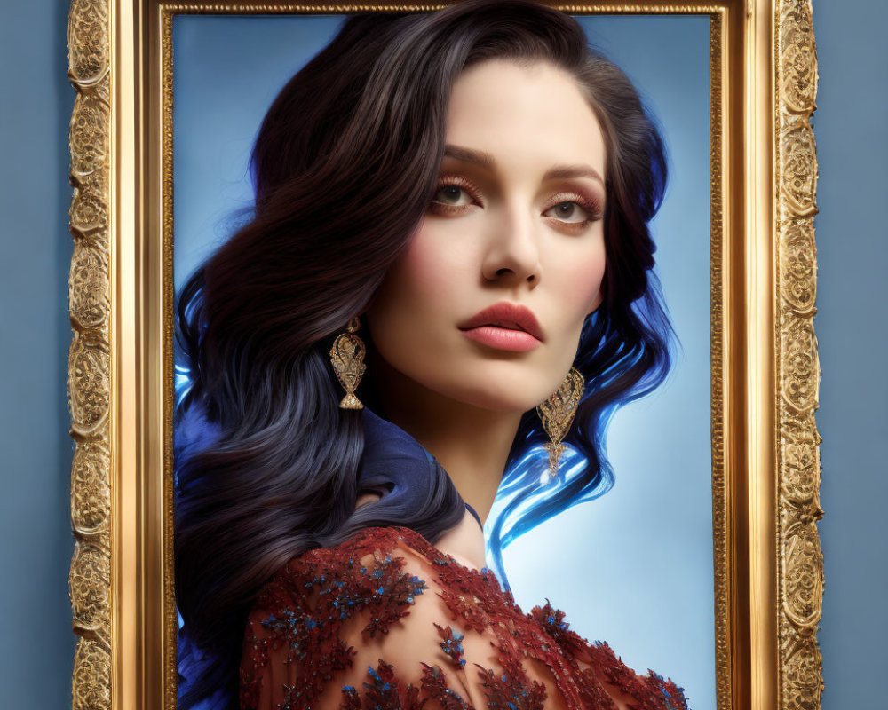 Elegant woman with wavy hair and earrings in gold frame on blue background