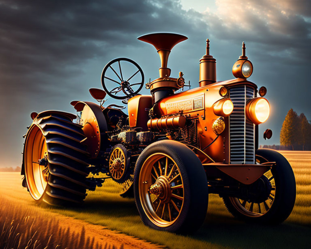Vintage Tractor in Field at Sunset with Dramatic Lighting and Clouds