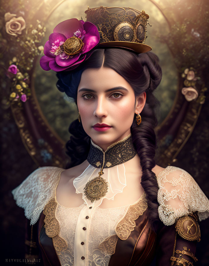Victorian-style woman in floral hat and steampunk attire against ornate backdrop
