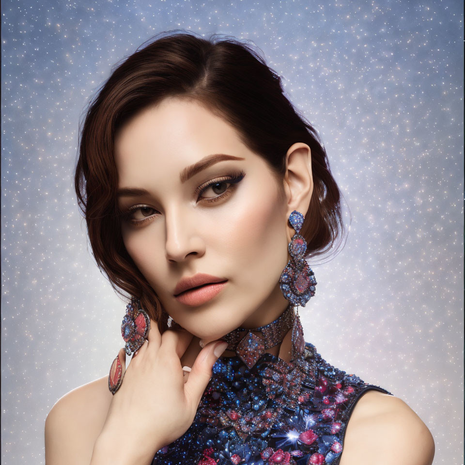 Styled Woman with Sparkly Earrings on Starry Background