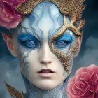 Ornate blue and gold facial designs on woman in digital artwork