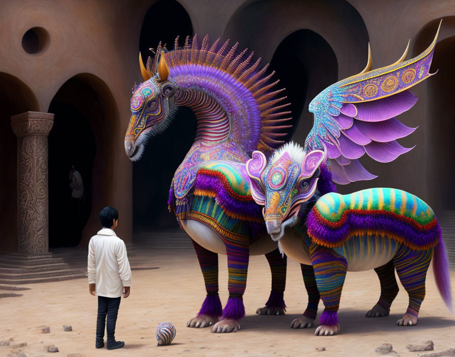 Fantastical winged lions in adobe-style setting