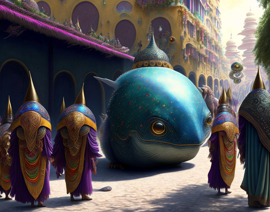 Colorful Ornate Creatures Parade in Fantastical Street