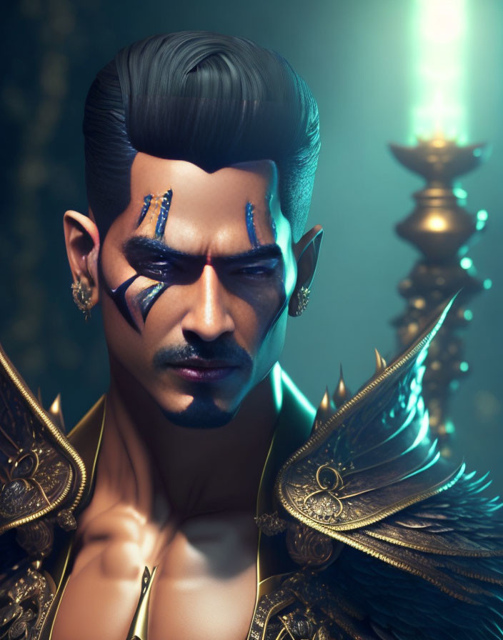 Stylized male character with slicked-back hair in ornate gold armor on dark teal backdrop