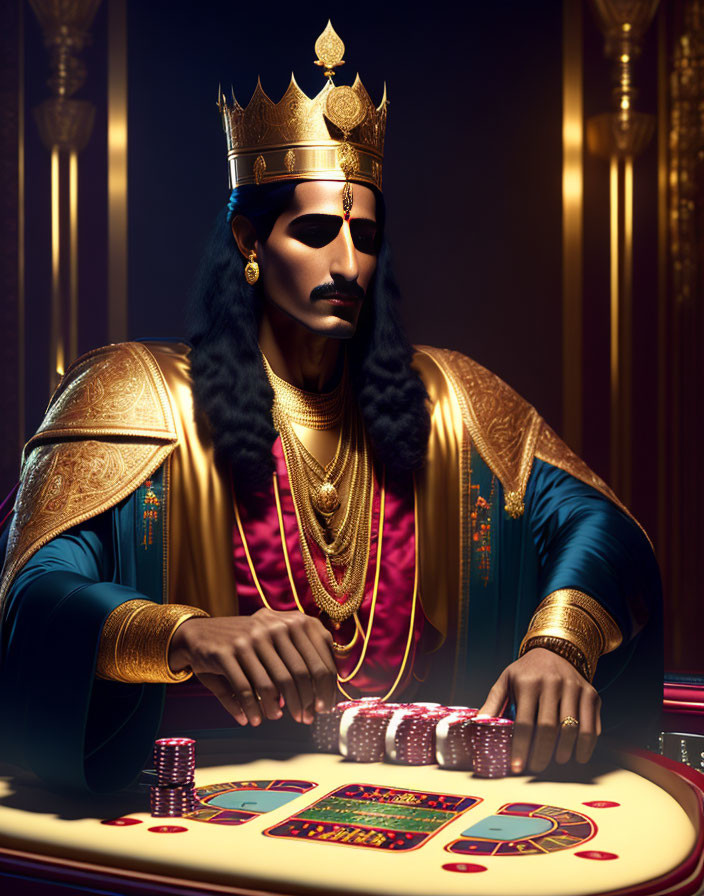 Regal figure in gold crown and ornate robes playing cards at gambling table
