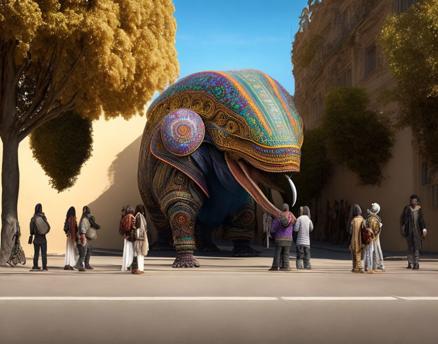 Gigantic embellished elephant in city street with awe-inspired people