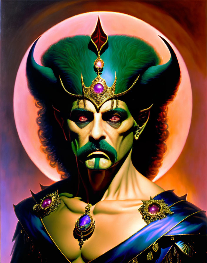 Colorful portrait of fantasy character with horns, gold and purple headdress, elaborate makeup