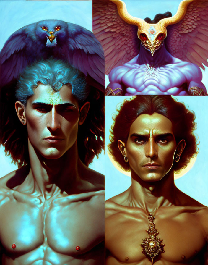 Stylized men in blue and orange with exotic birds in four-part image
