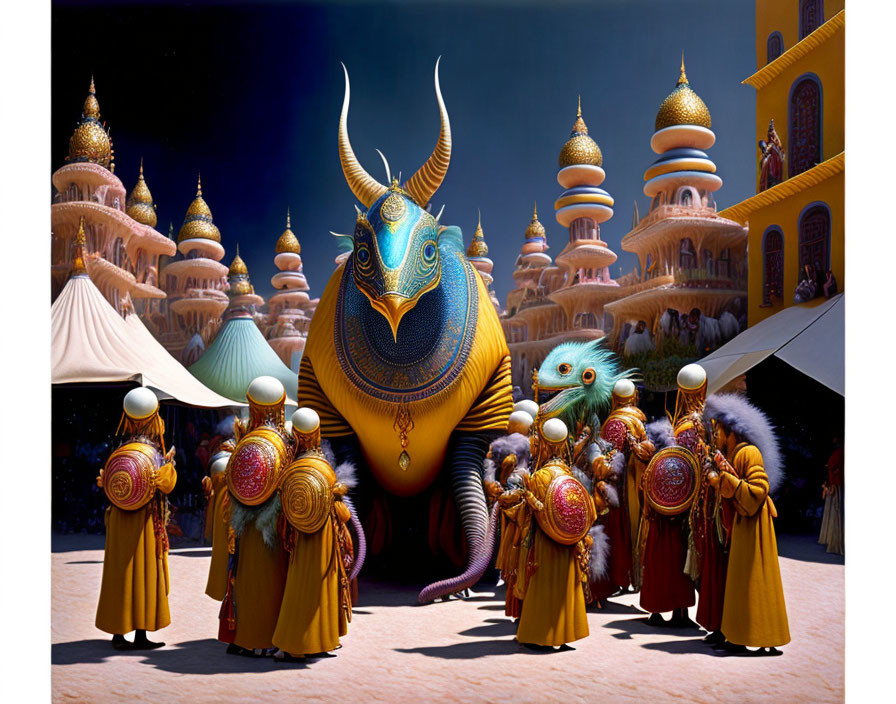 Golden-robed figures with masks in front of ornate bull and bird creature in majestic setting.