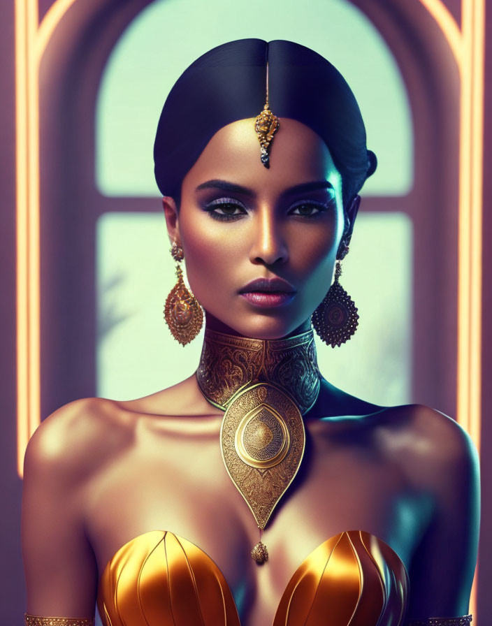 Elaborate gold jewelry on poised woman against arched backdrop