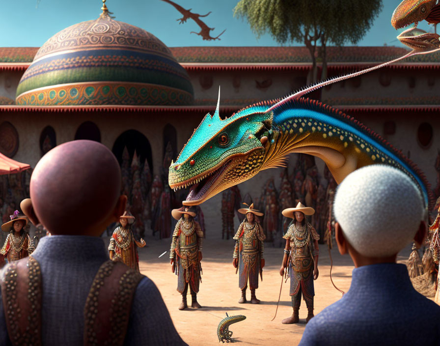 Colorful fantasy artwork: Armored figures, bald person, and dragon in traditional courtyard.