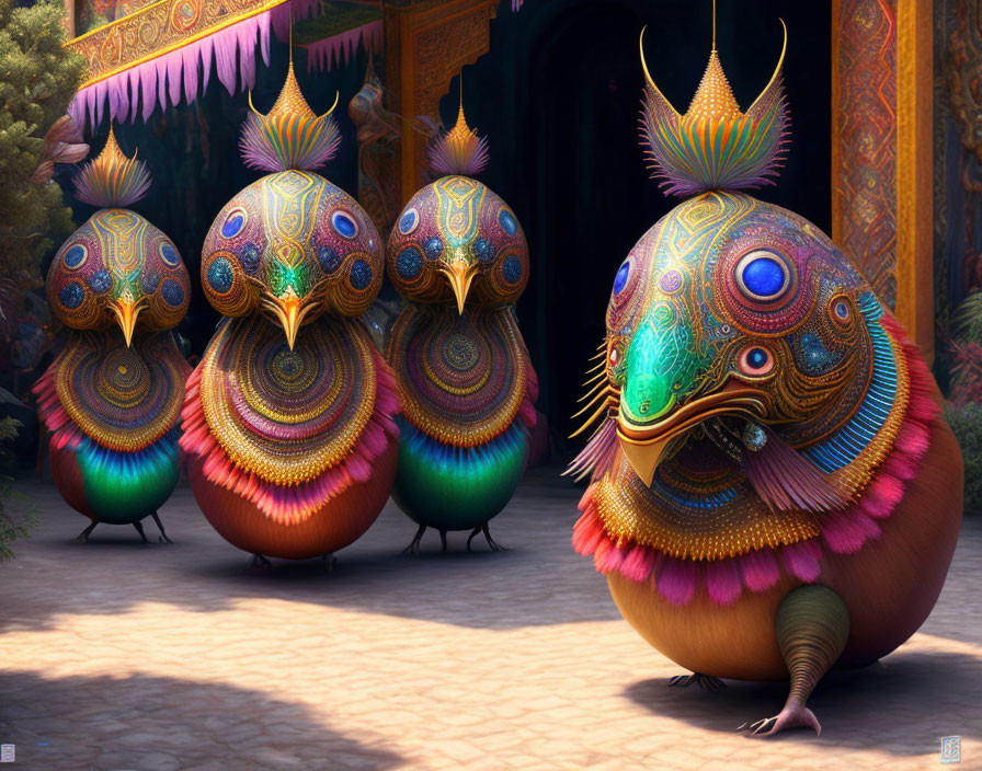 Vibrant, whimsical creatures with ornate patterns in a detailed courtyard.