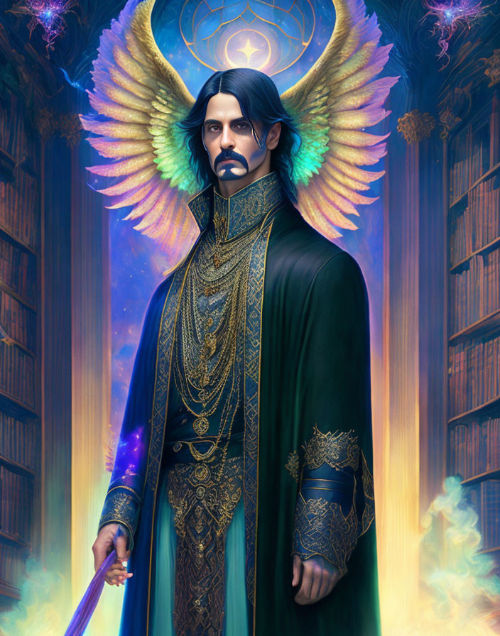 Regal figure with halo and wings in library holding staff in ornate robes