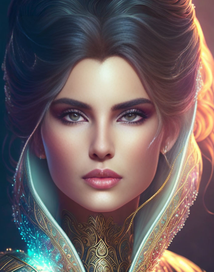 Female digital portrait with green eyes, stylized hair & fantasy armor.