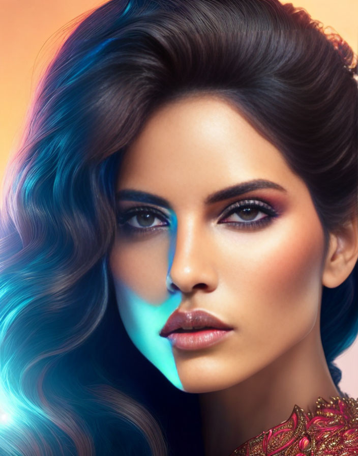 Voluminous wavy hair and captivating pink and blue makeup under colorful lighting